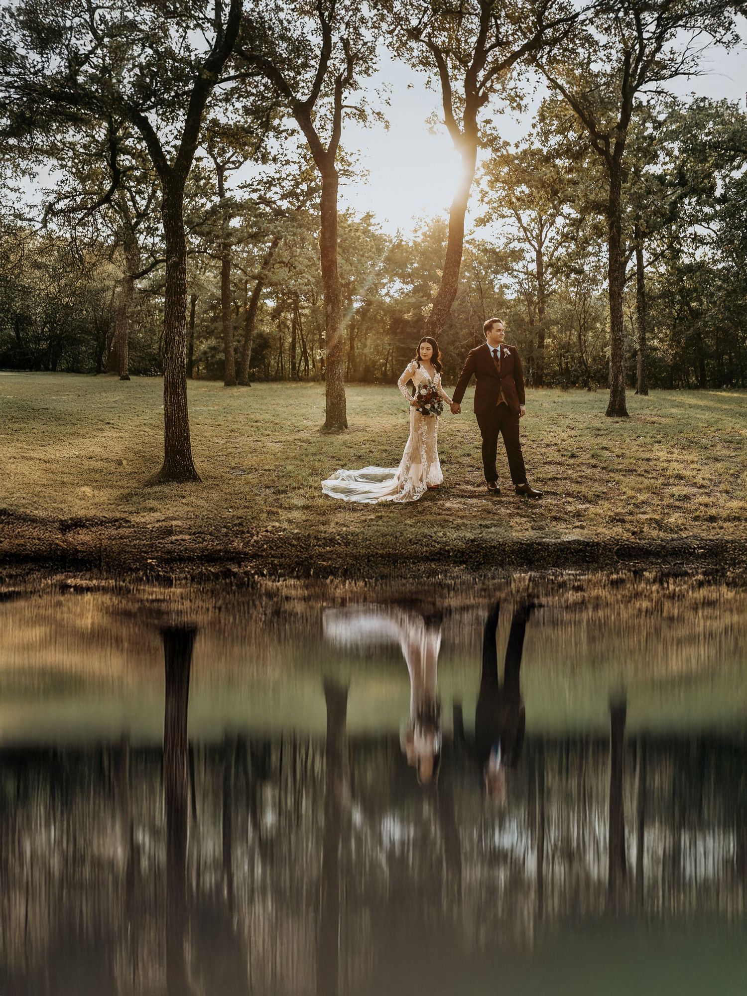 Sunset wedding photography of couple in the woods at Lake Dallas
