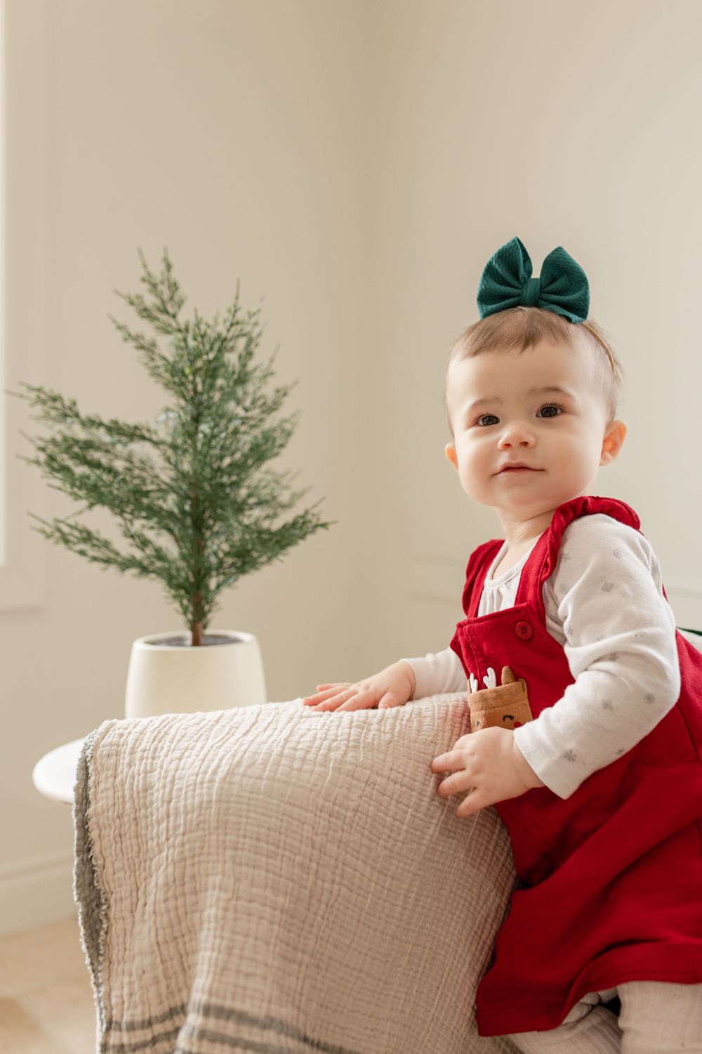 A set of progression photos showing a baby interacting with an indoor potted tree and a beige chair.