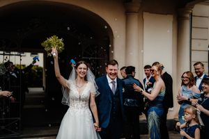 A series of candid wedding moments captured along a columned outdoor patio showing guests and celebrations.