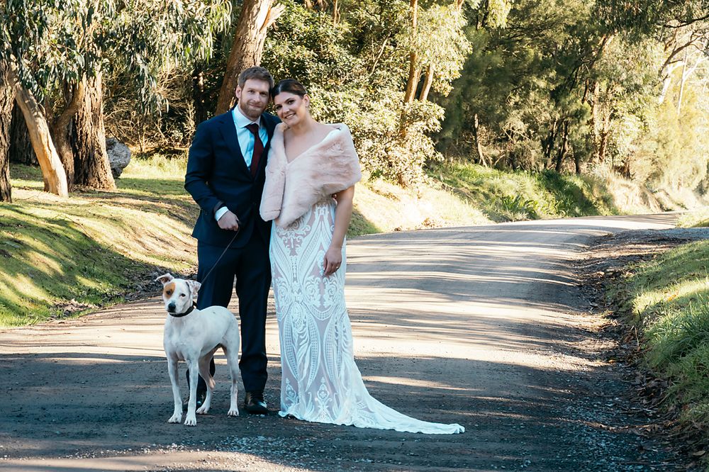 Newlywed couple poses along a wooded path with their white dog in a romantic wedding photoshoot outdoors.