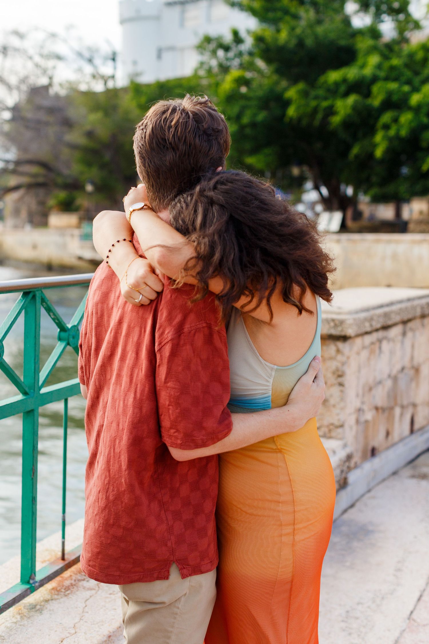 Surprise marriage proposal in Old San Juan, Puerto Rico. Paseo de la Princesa. Man and woman.
