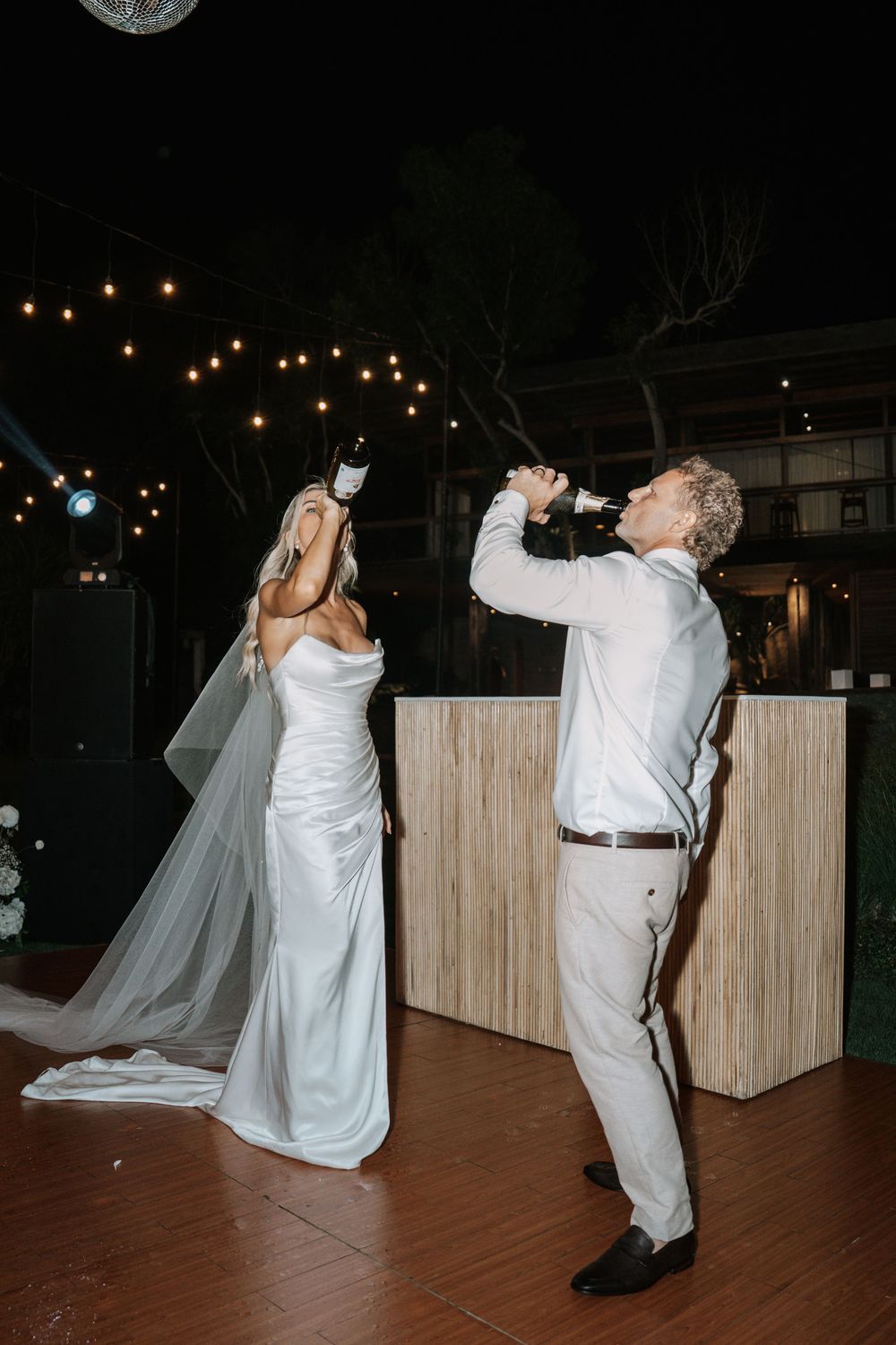 A sequence of dance photos showing a dip move culminating in a dramatic backward tilt on an outdoor dance floor.