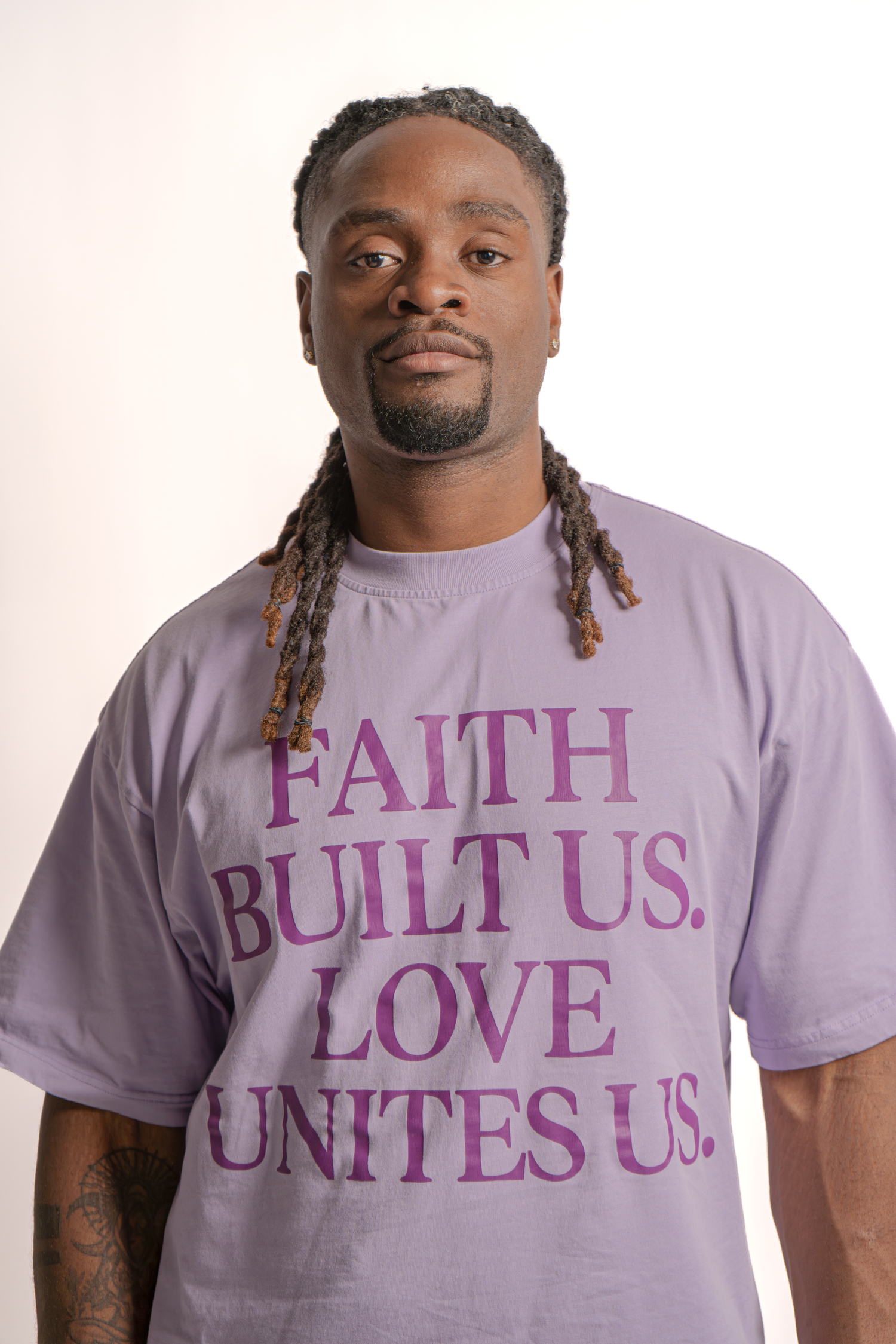 Three images of a person wearing purple t-shirts with different inspirational messages about faith, love and unity.