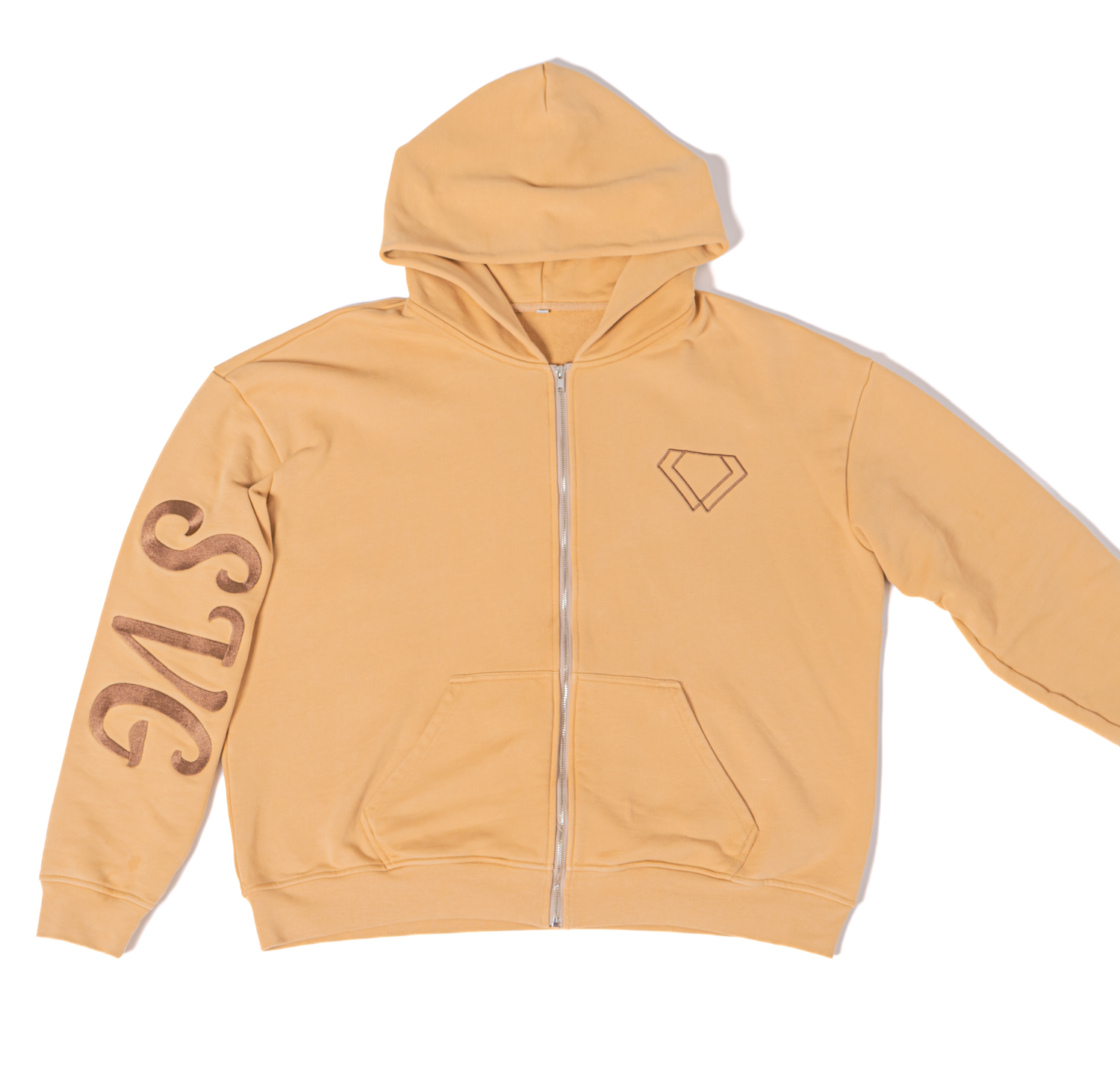 Light peach colored zip-up hooded sweatshirts displayed in a row showing different sizes and angles.