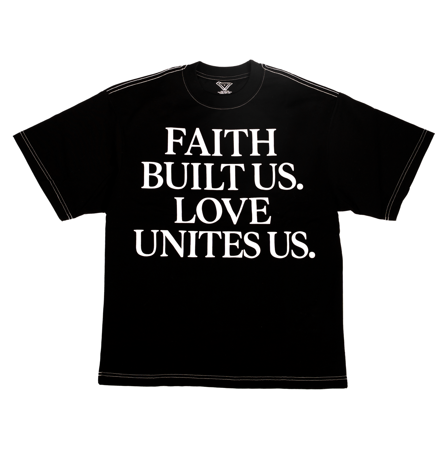 Four black t-shirts with simple text designs including 'FAITH', 'BUILT US', 'LOVE', and 'SMITH CO' displayed in a row.