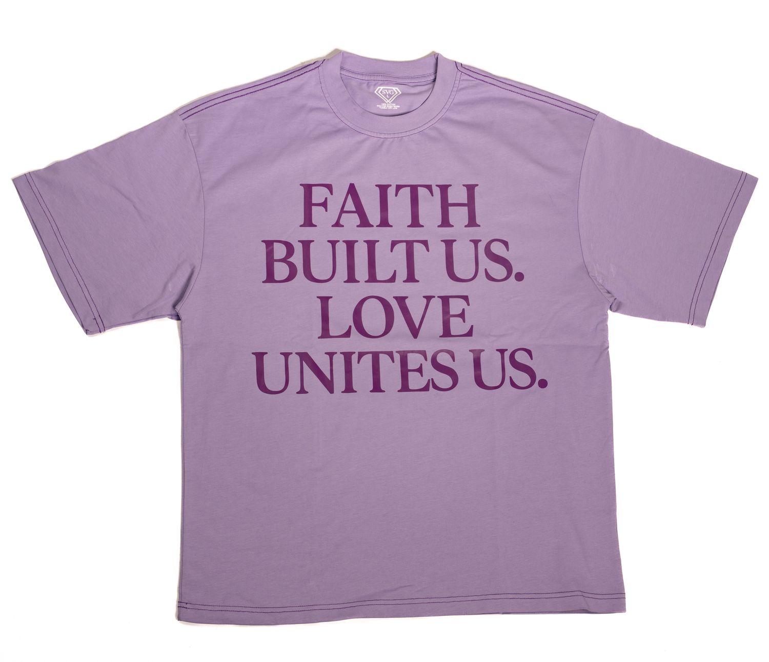 Purple cropped t-shirt with 'FAITH LOVE UNITES US' text design displayed in multiple views.