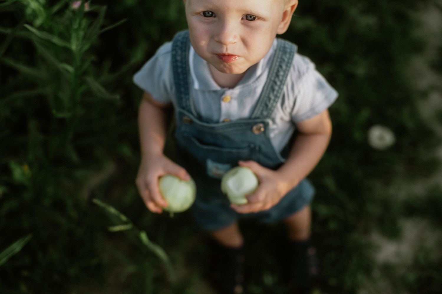Szczery portret dziecka w naturalnym otoczeniu, trzymającego jabłka w dłoni.