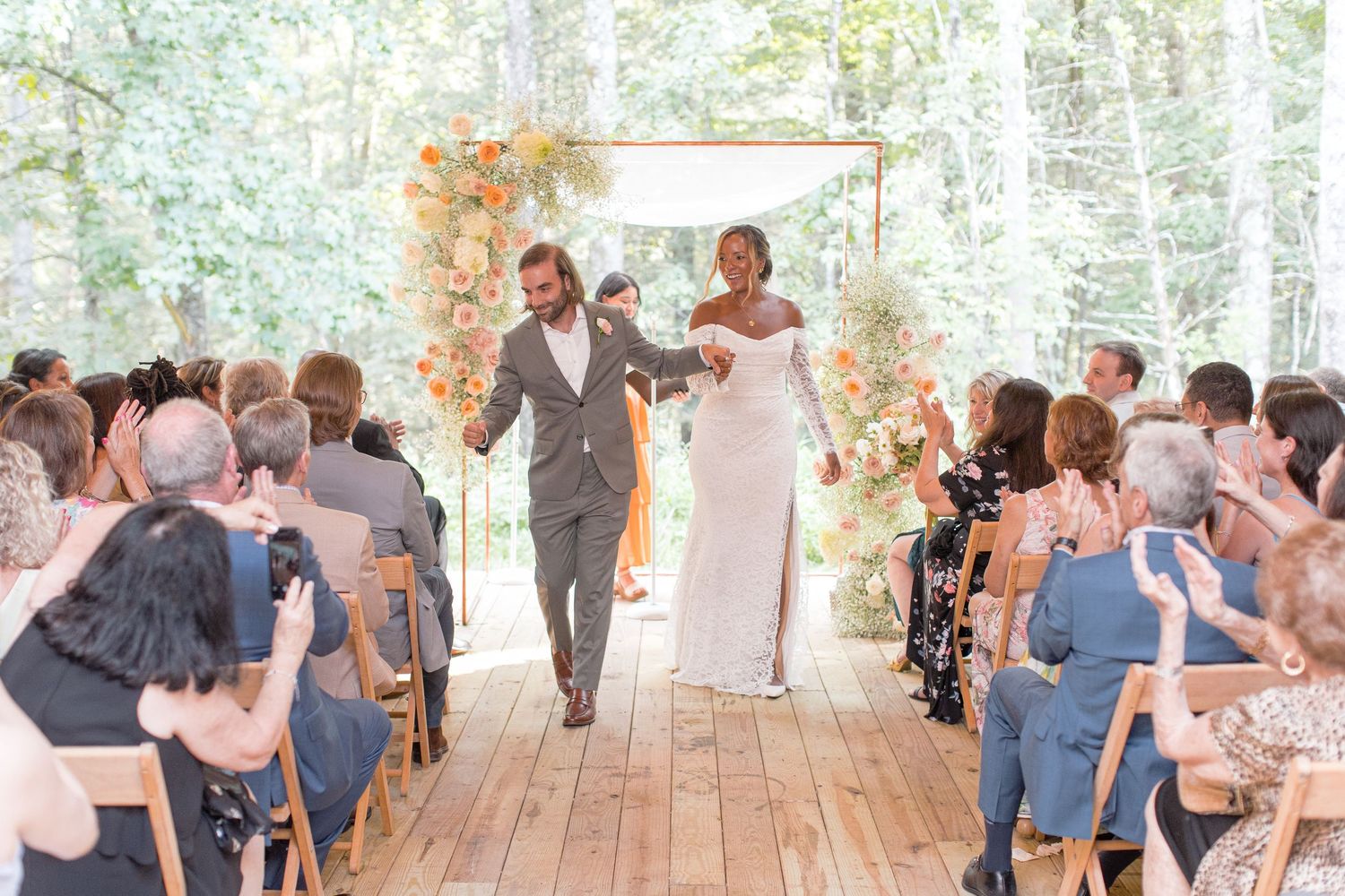 A row of panoramic views showing seated guests at an outdoor covered venue during what appears to be a wedding ceremony.