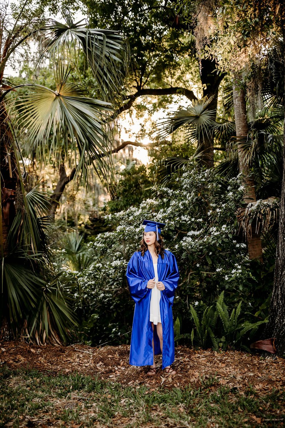 A person in a bright blue graduation gown poses in a lush garden setting with palm trees and greenery in the background.