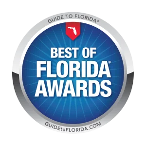 A series of blue and silver circular Guide to Florida award badges arranged in a horizontal row.