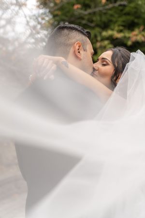 A bride and groom share a romantic kiss framed by a flowing white veil with lush green trees in the background.
