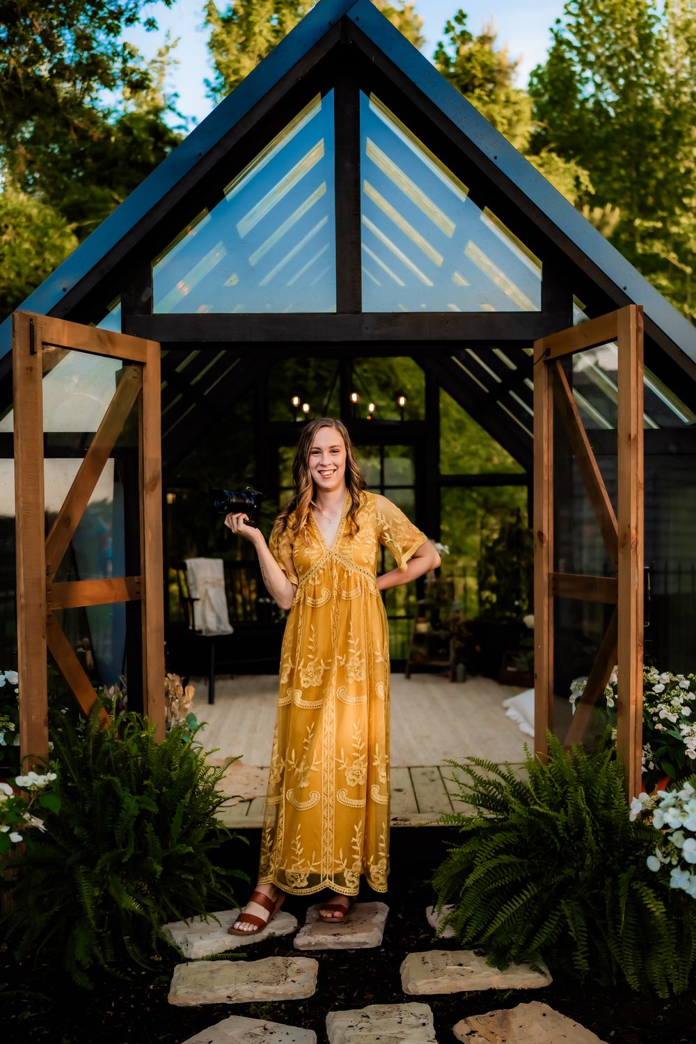 Multiple shots showing a yellow dress against the backdrop of a dark wooden pergola in natural sunlight.