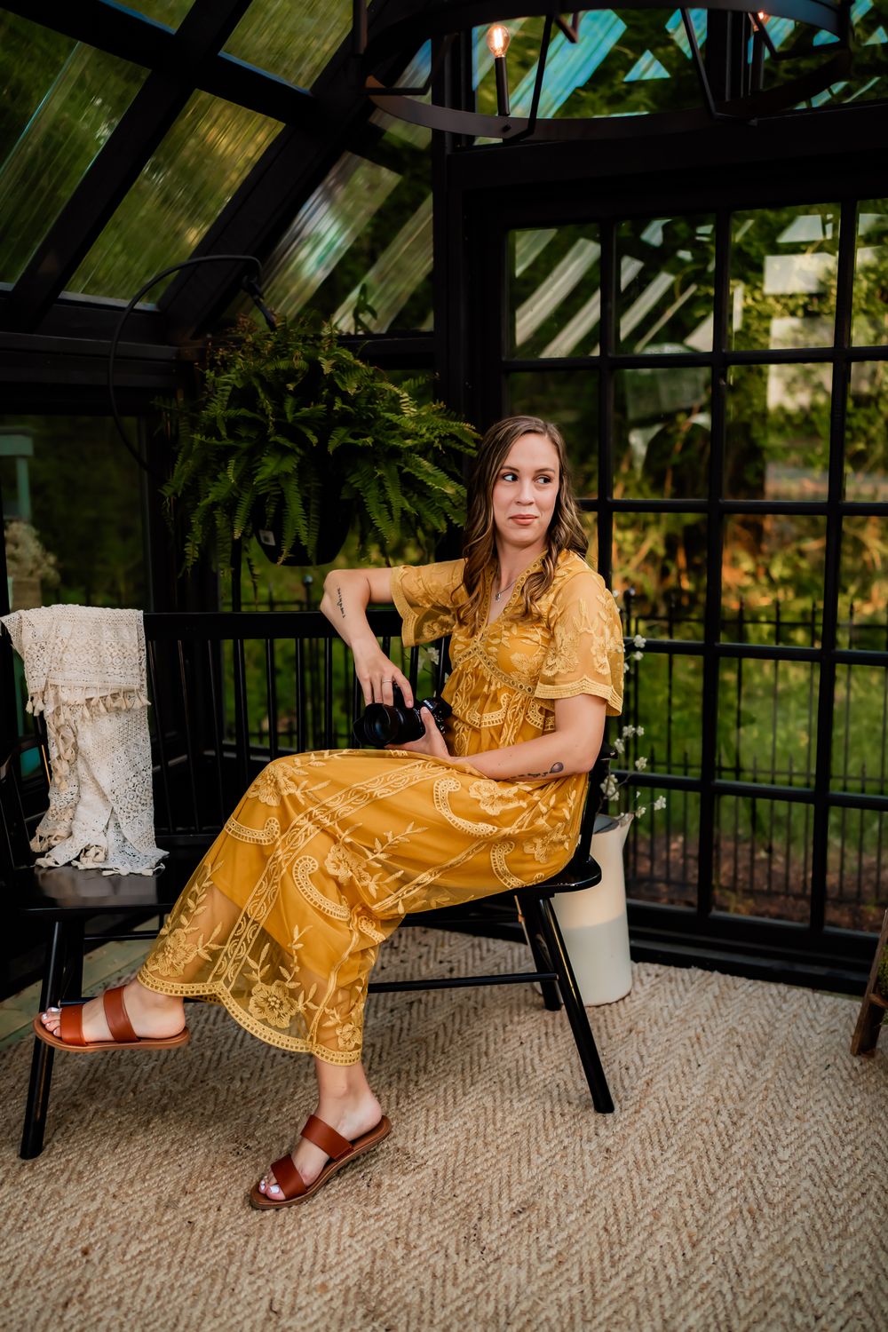 Interior greenhouse photos featuring a mustard-colored lace dress on a carpeted floor with natural lighting.