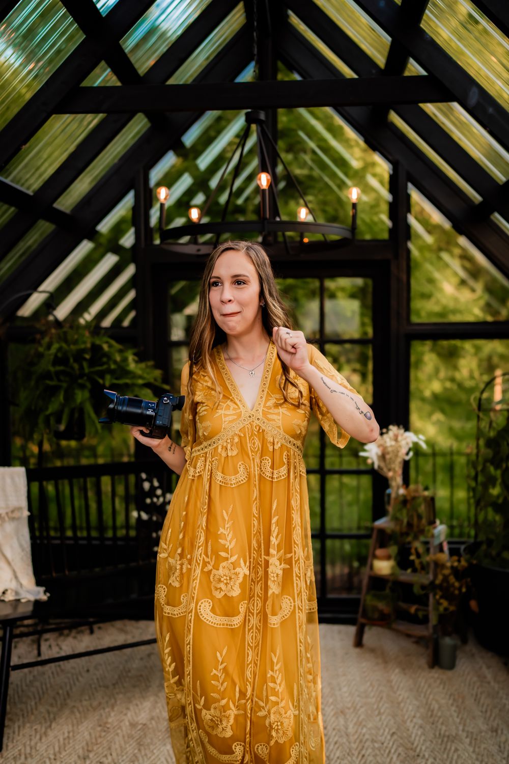 Series of lifestyle photos inside a greenhouse featuring a flowing yellow dress in natural light.