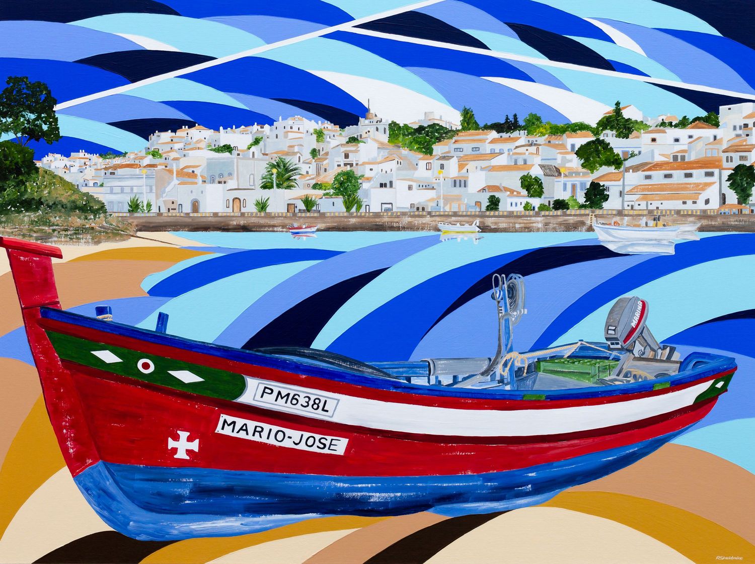Colorful painting of a red fishing boat by Alyson Sheldrake on a sandy beach with a white village backdrop.