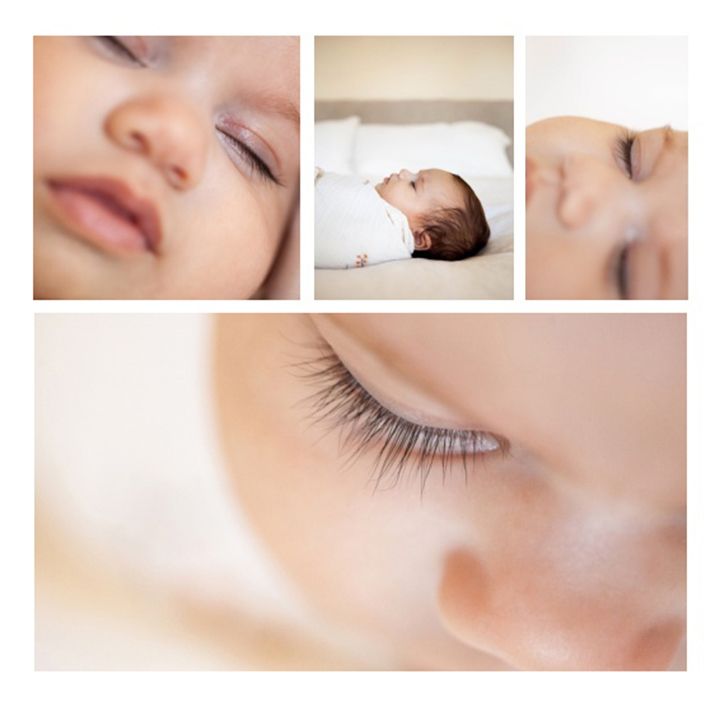 Close-up collage of peaceful sleeping baby details showing eyelashes, full lips and gentle expressions.