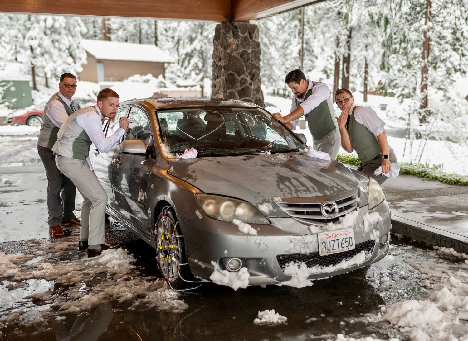A themed church wedding prank in the snow in the foothills at Miwuk, California