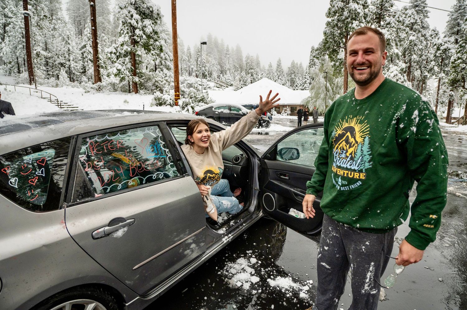 A themed church wedding in the snow in the foothills at Miwuk, California