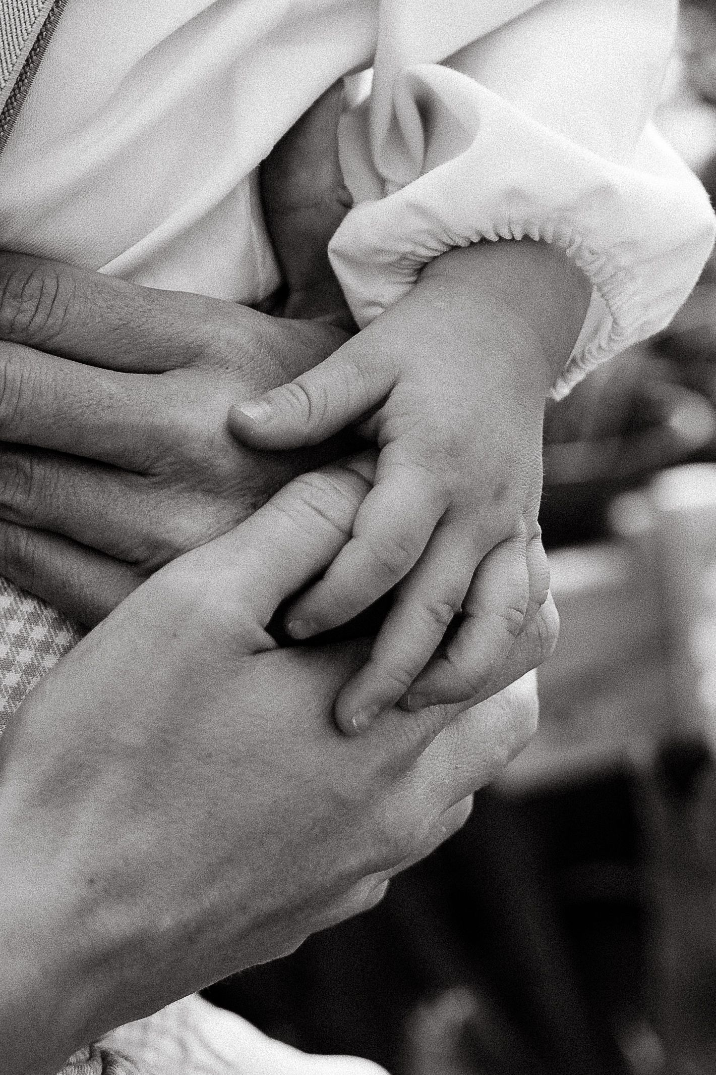 Black and white close-up sequence of hands tenderly touching and holding each other.