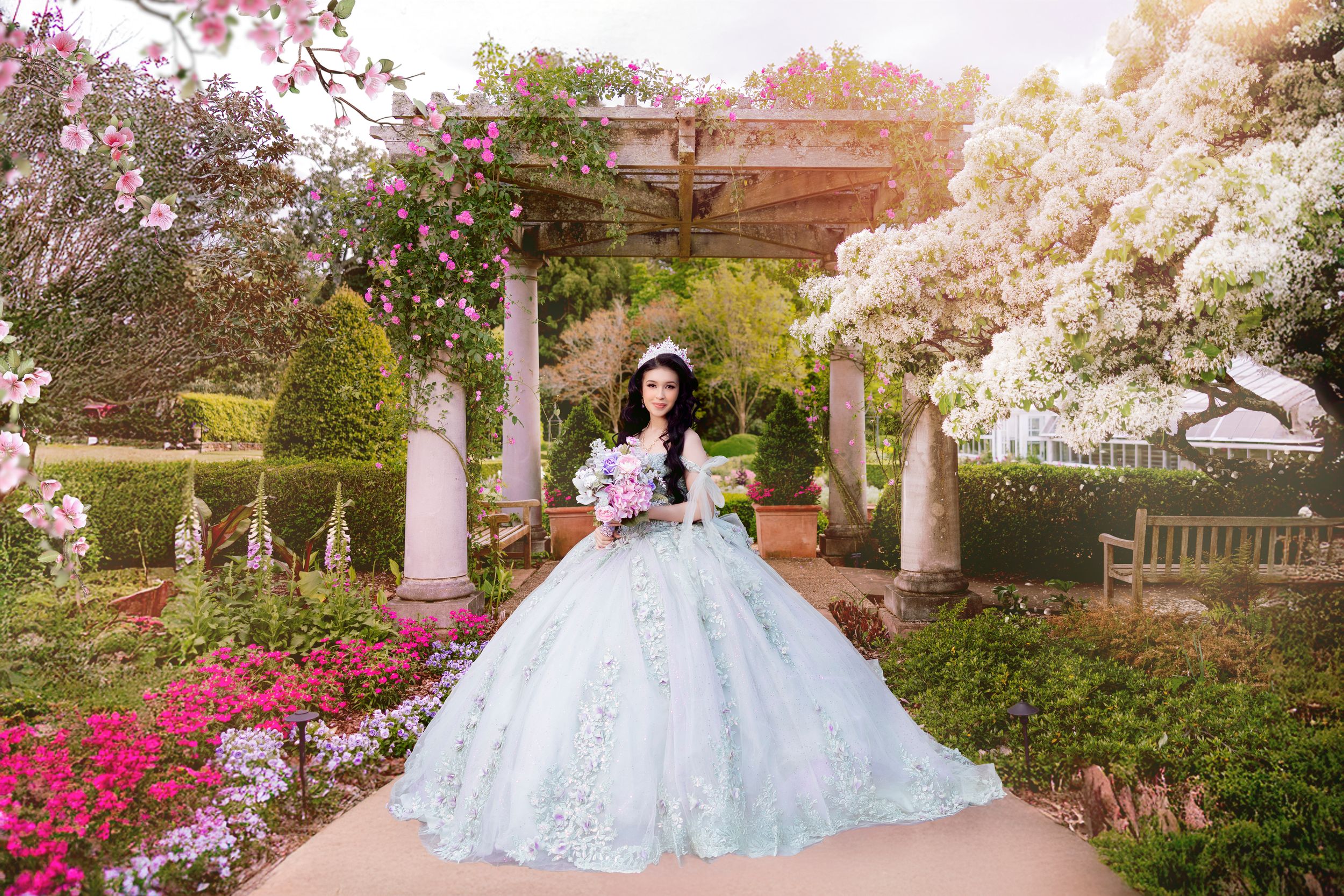 Dreamy spring garden scene with cherry blossoms and formal landscaping elements.