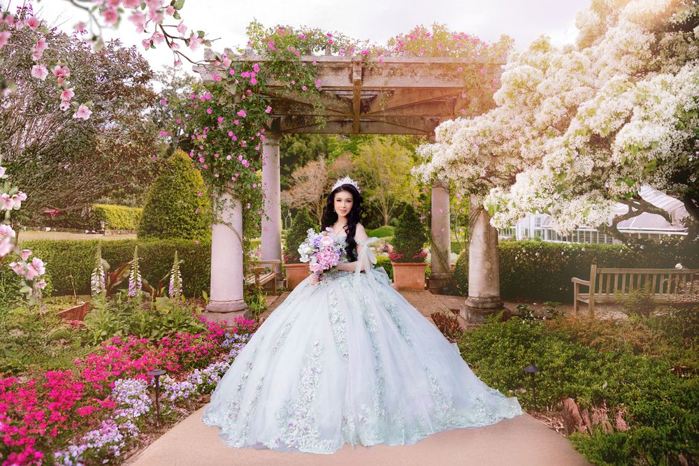 Dreamy spring garden scene with cherry blossoms and formal landscaping elements.