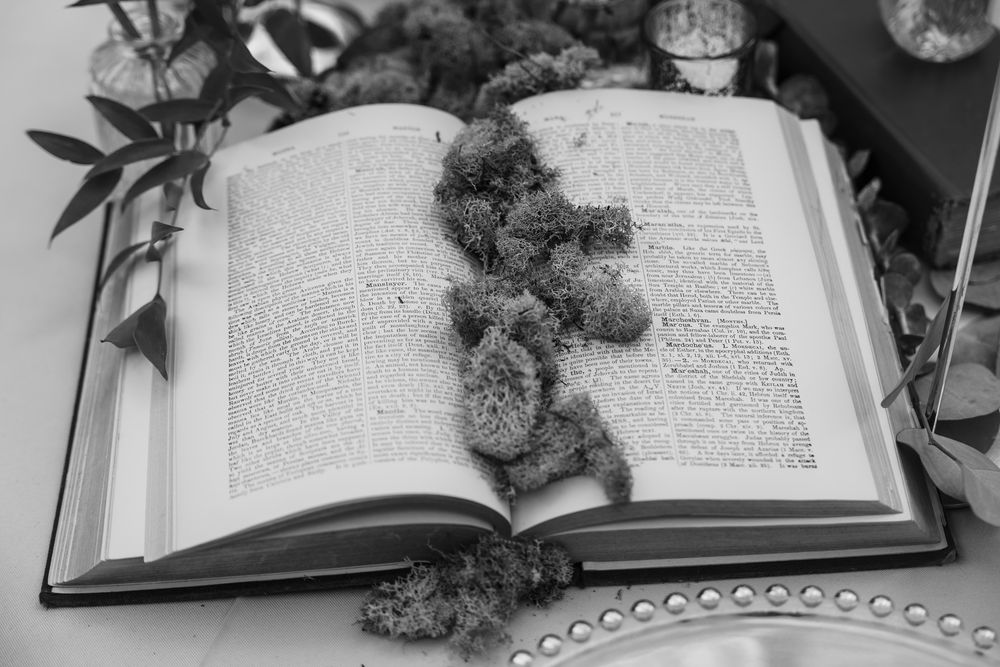 Black and white photo of an open Bible with dried moss garland resting on its pages, surrounded by greenery.