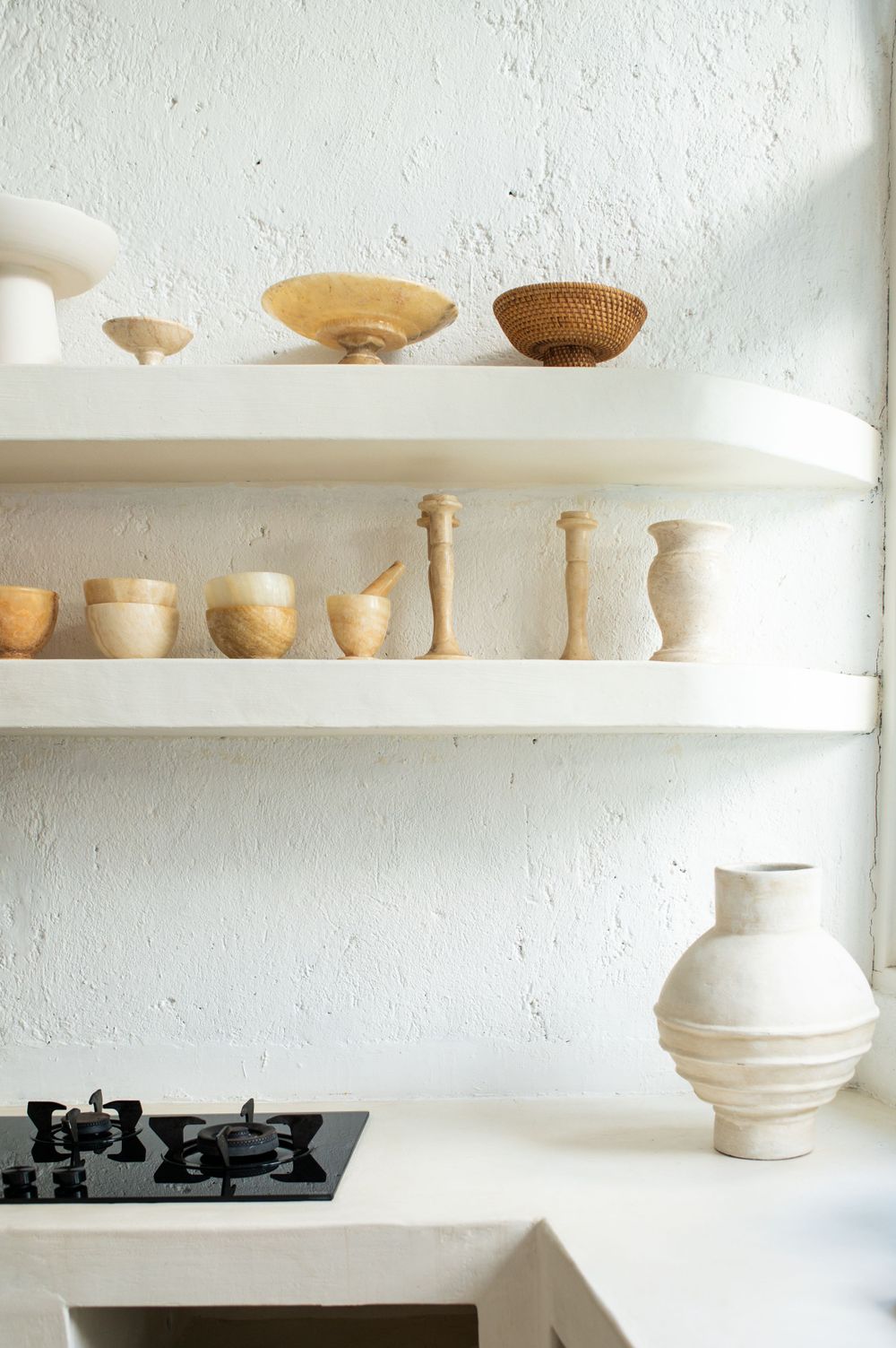 Kitchen shelves with various tonal items