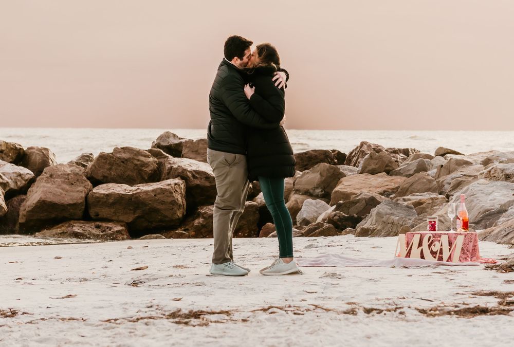 Proposal Session at Sunset Upham Beach Saint Petersburg, FL at Sunset; Couple embracing