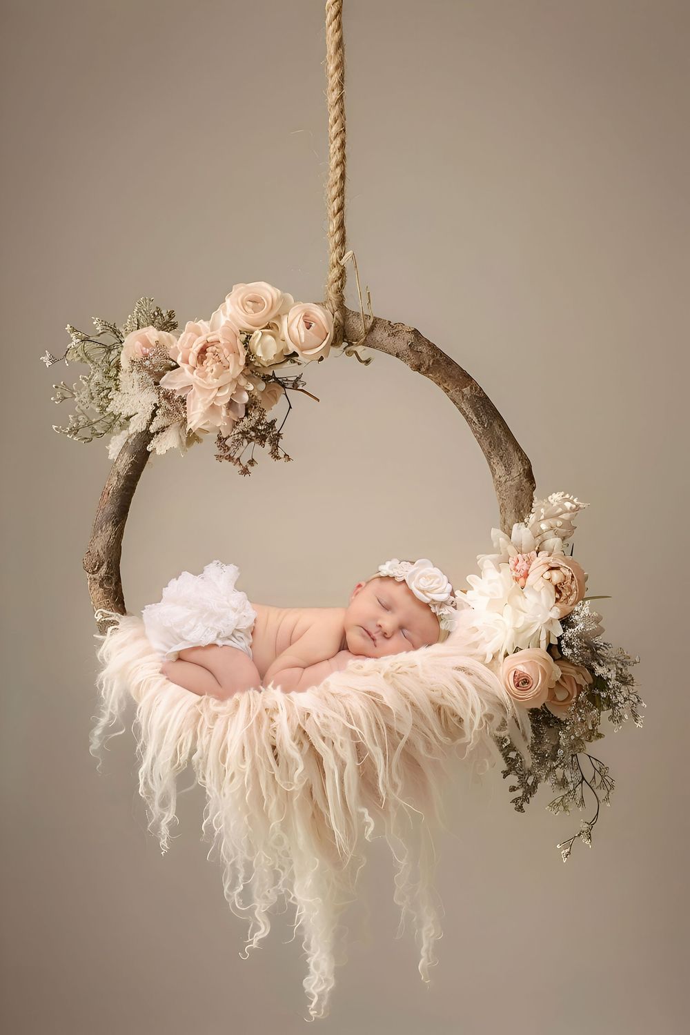 Sleeping newborn on rustic wooden swing adorned with pink roses and white feathers.
