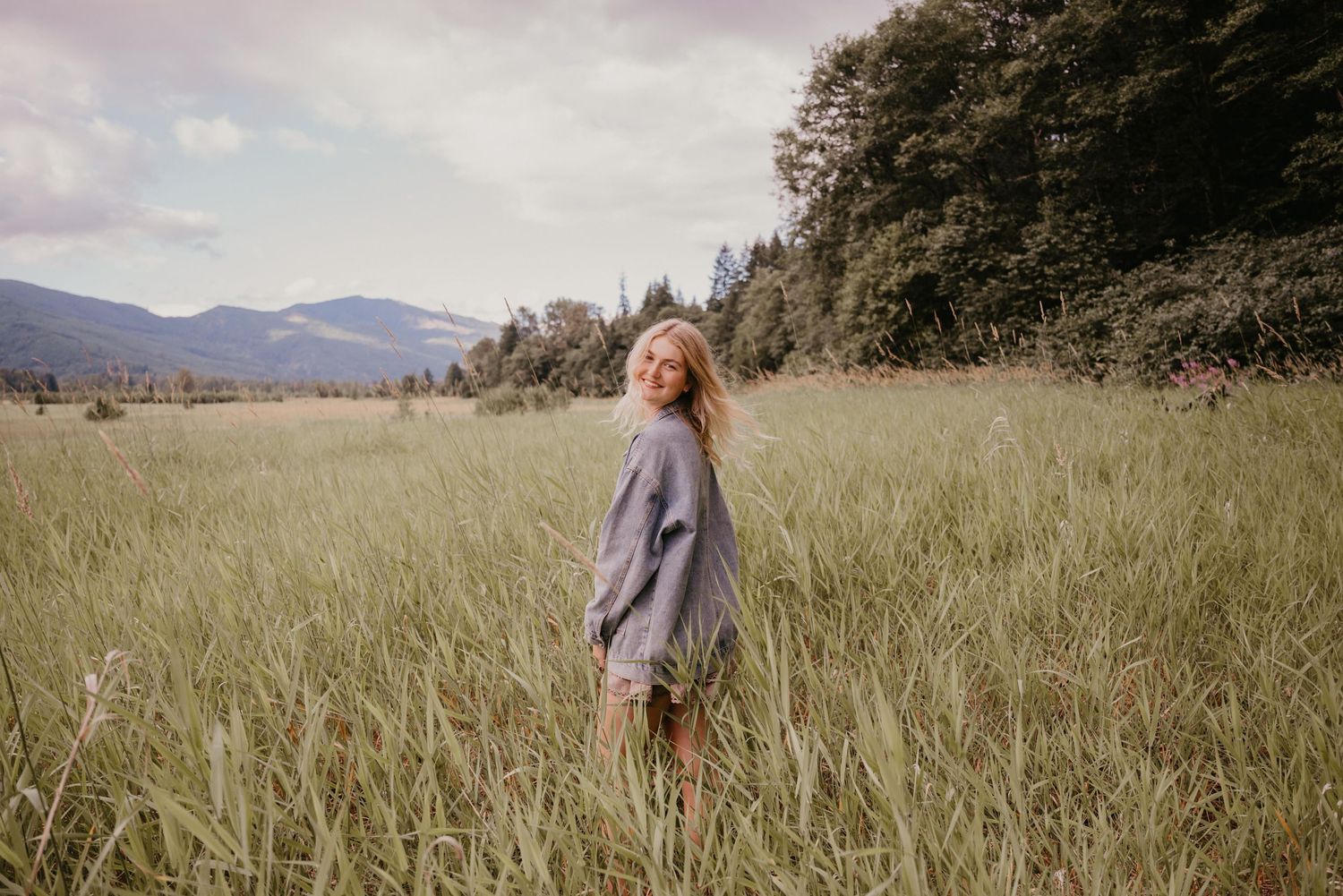 Misty mountains and rolling fields create a scenic landscape with tall grass swaying in the breeze.