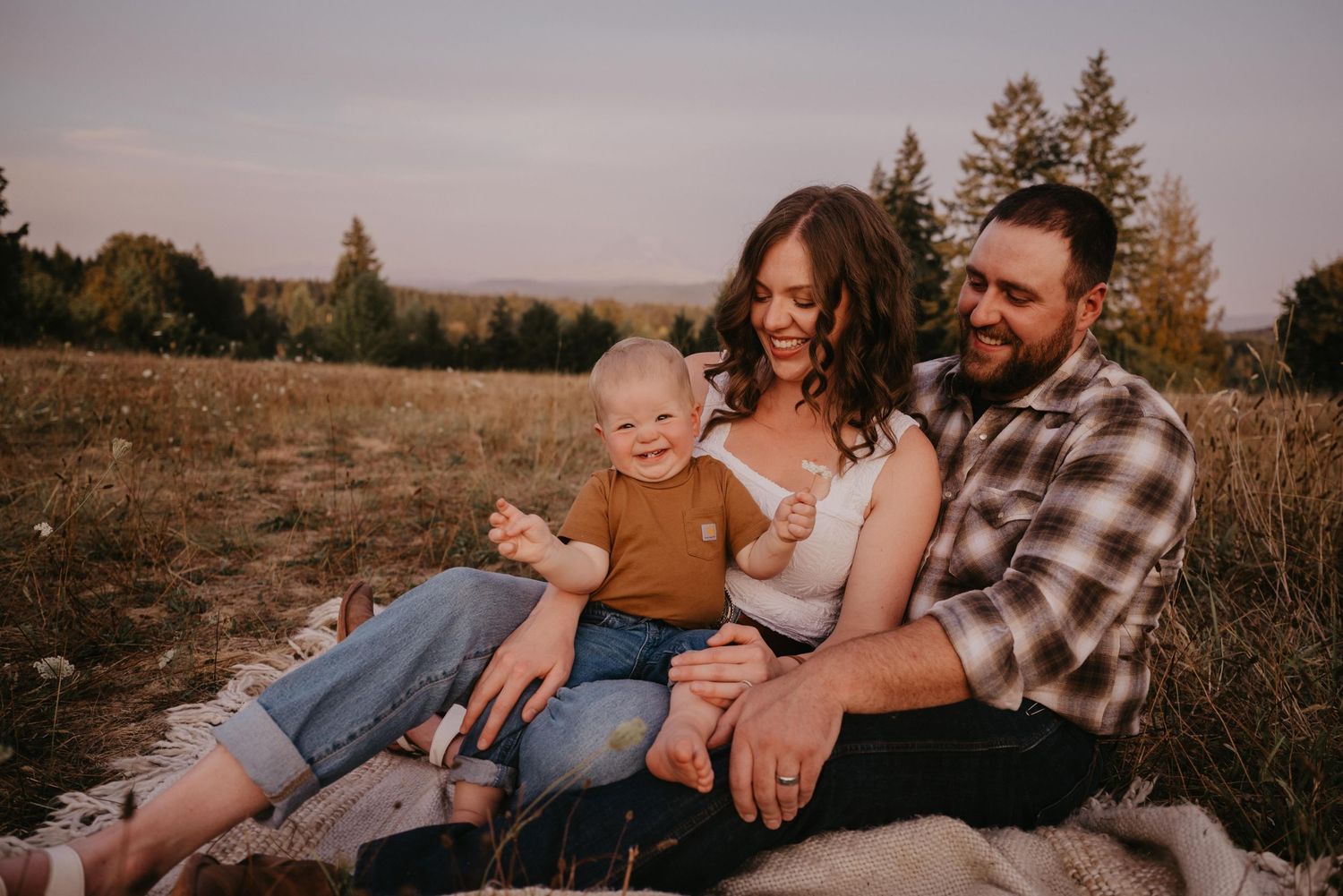 Family sits together in golden field during sunset photo session capturing candid moments across multiple poses.