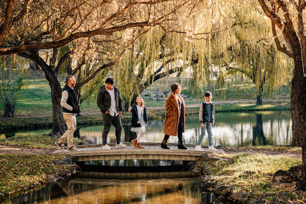 People walking across wooden footbridge over pond with willow trees in beautiful park setting.
