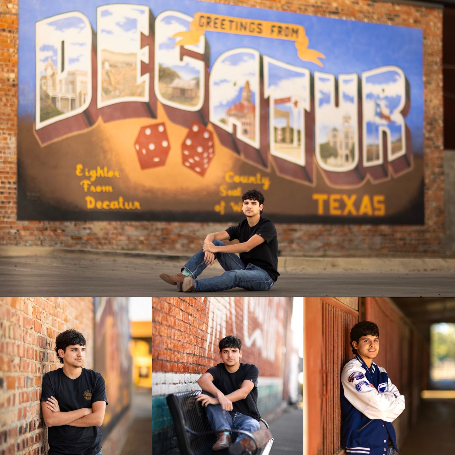 Urban portrait sequence against vintage-style murals and brick walls.