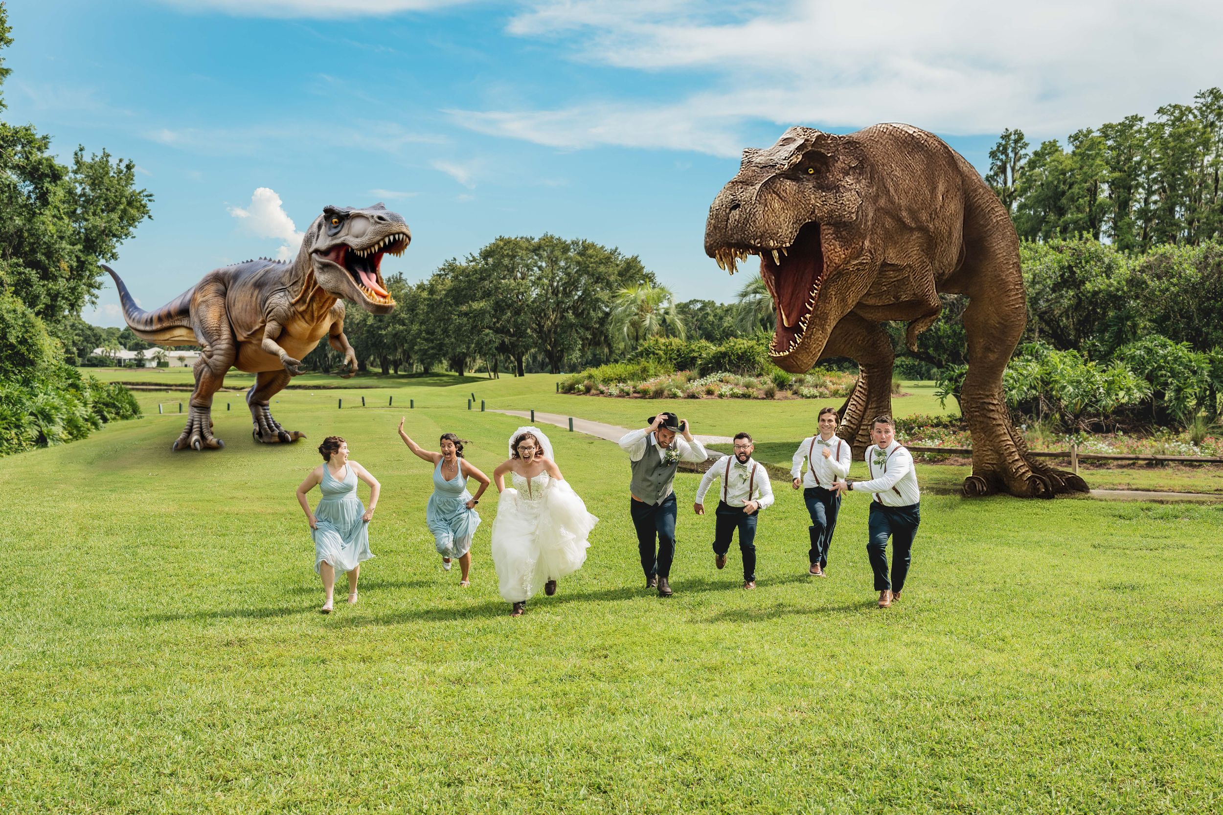 Wedding party playfully runs away from edited dinosaur photo effects on a lush green hillside.