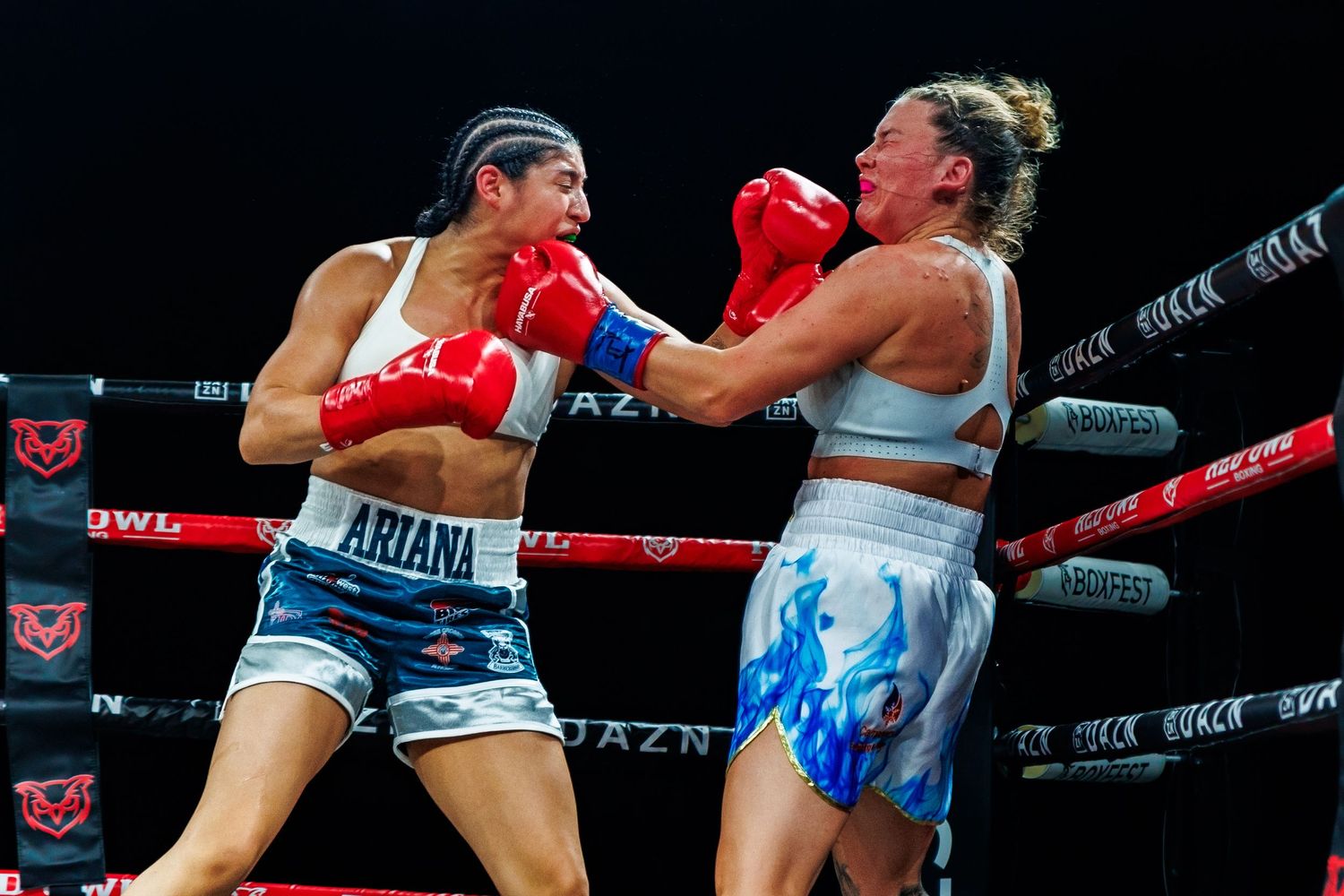 Dynamic boxing match action shots captured under dramatic arena lighting.