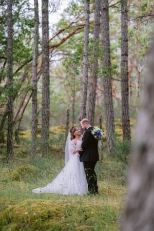 A romantic wedding moment captured between two people in a serene pine forest.