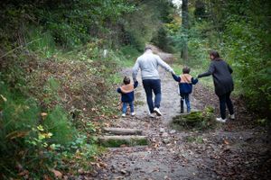 Family walking together on a forest trail holding hands on an autumn day.