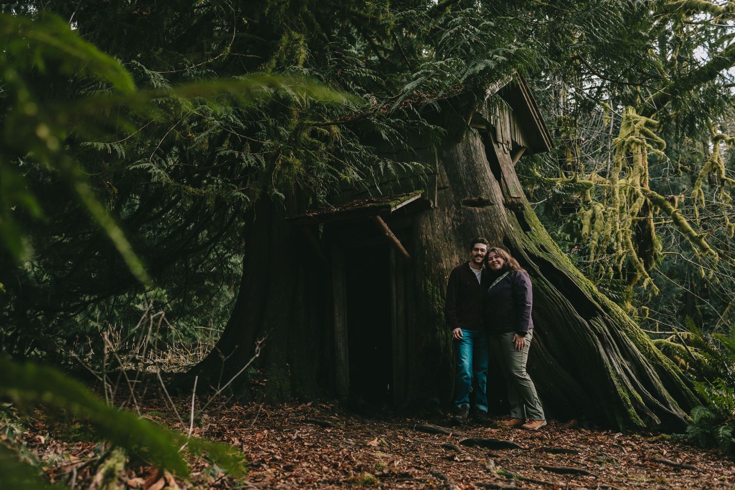 A couple stands in front of a tree house made of a tree stump. Her head rests on his.