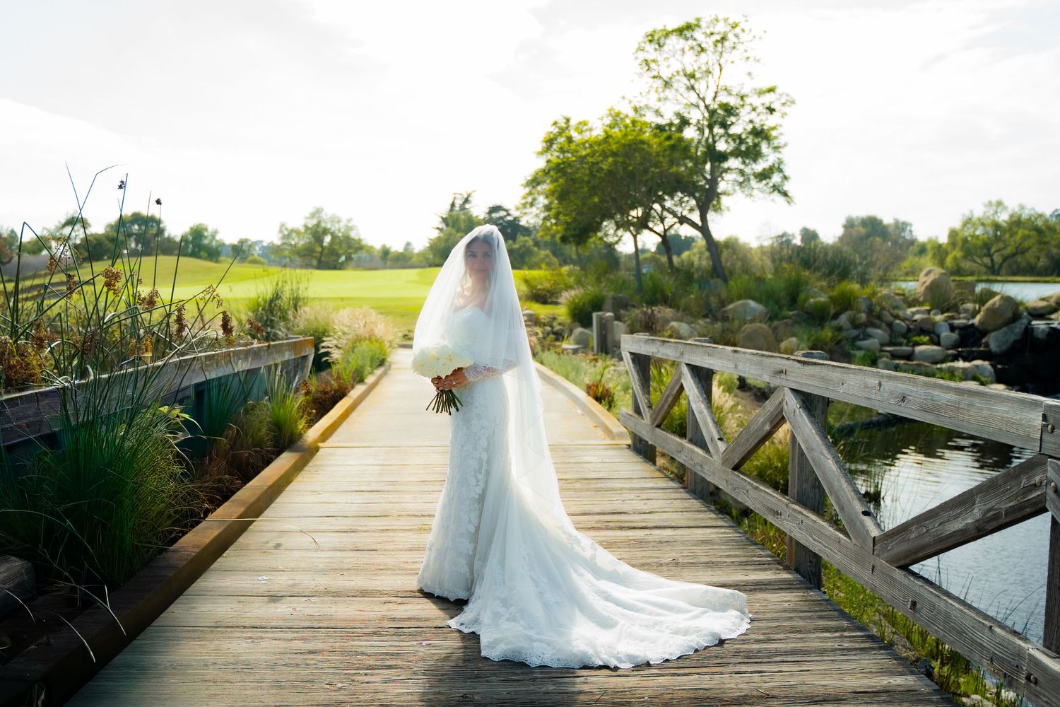 A rustic wooden boardwalk stretches through a scenic natural area with trees and greenery on a sunny day.