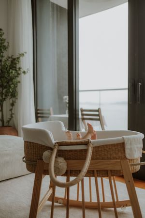 A cozy nursery corner with wooden bassinet, chair and green plant by large windows with natural light streaming in.