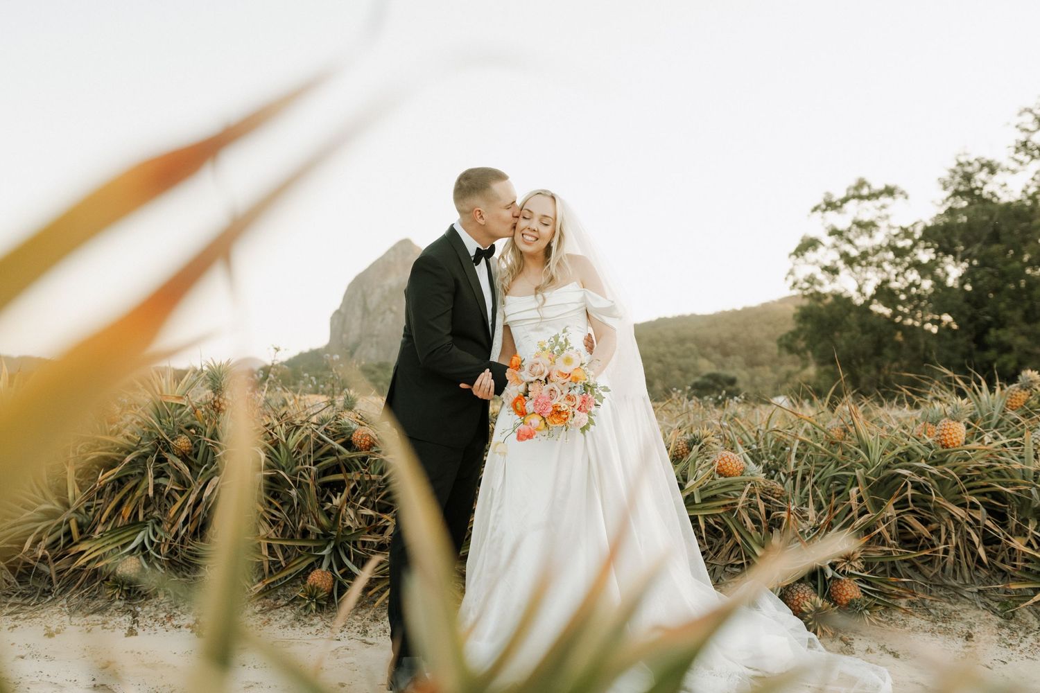 Golden sunset illuminates a romantic wedding photoshoot amidst coastal foliage.