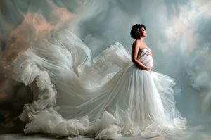 A flowing white dress billows dramatically through ethereal smoke creating an artistic fashion portrait series.