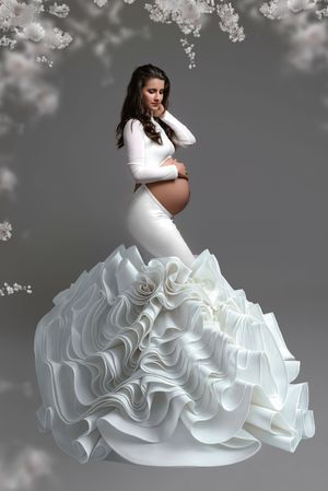 Pregnant woman in elegant white ruffled maternity gown posing gracefully with floral backdrop in studio.