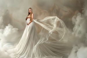 Ethereal maternity portrait with flowing white fabric in misty studio setting.
