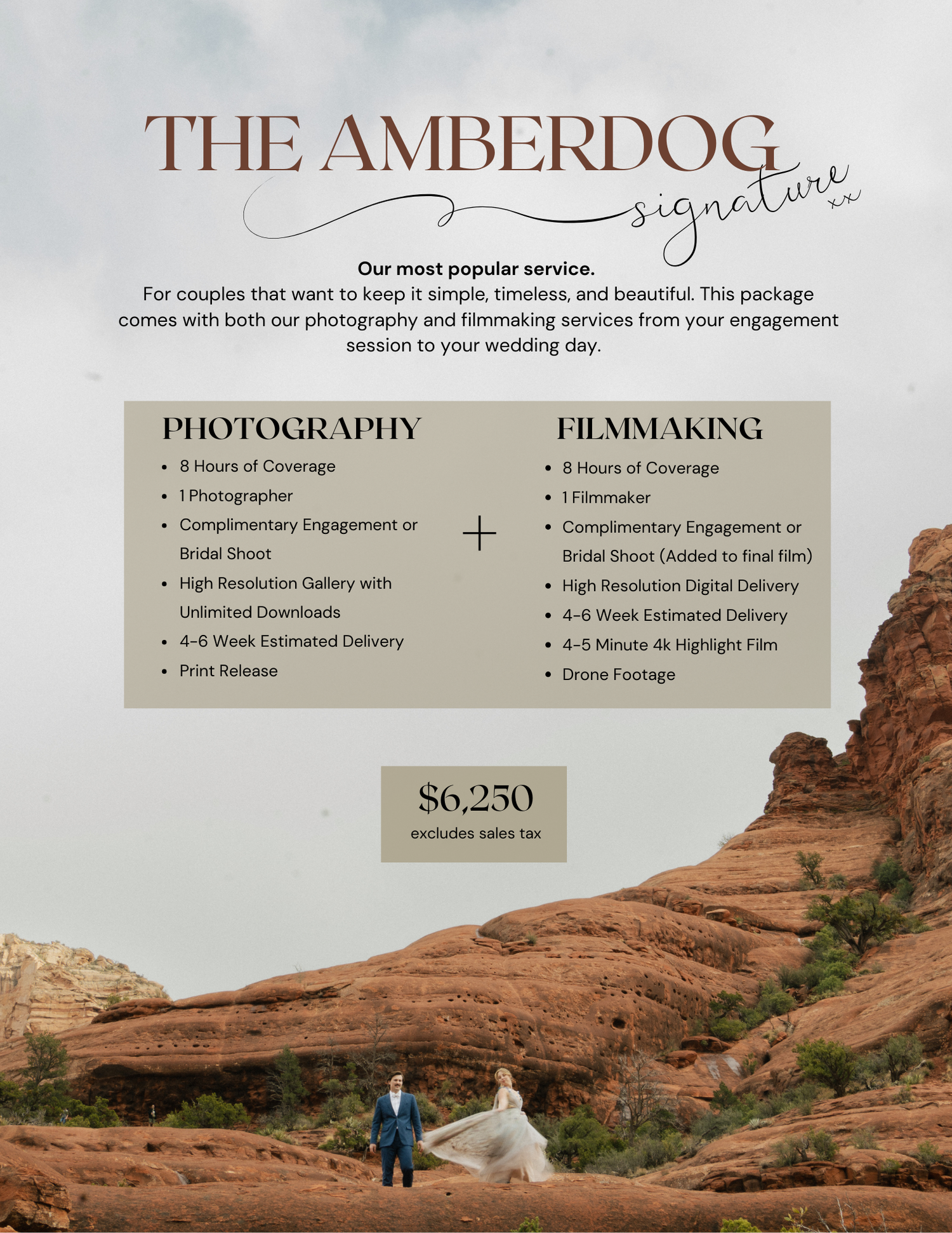 Wedding photography and filmmaking pricing menu displayed over scenic red rock desert landscape with figures in the distance.