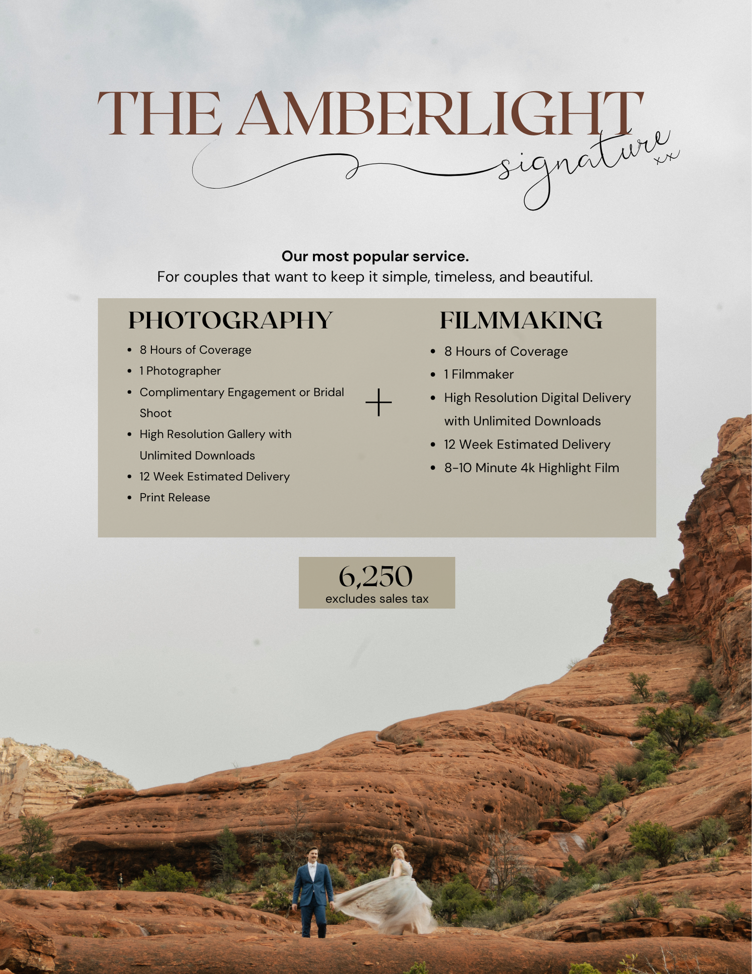Wedding photography and filmmaking pricing menu displayed over scenic red rock desert landscape with figures in the distance.