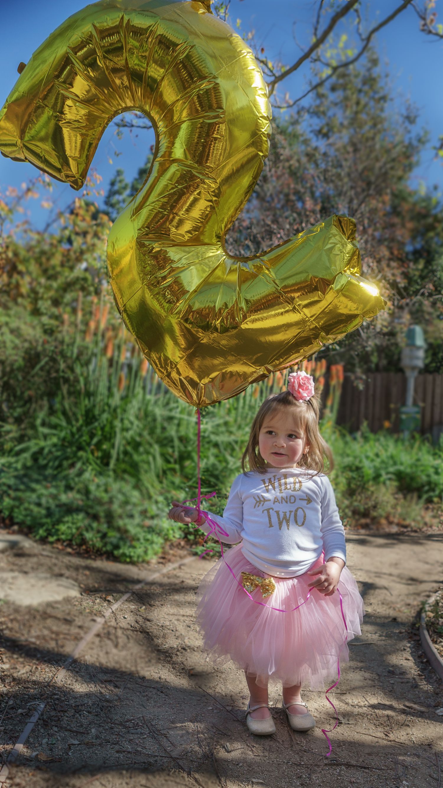 A smiling toddler in a pink tutu stands beside a large gold number 2 balloon at her birthday party.