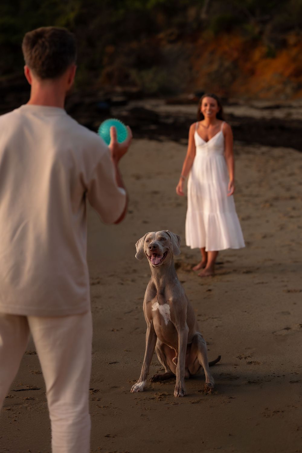 Couple in white outfits playing with a ball and Weimaraner dog on a sandy beach at sunset.