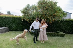 Family plays with their golden retriever in a backyard with orange trees and hedges.