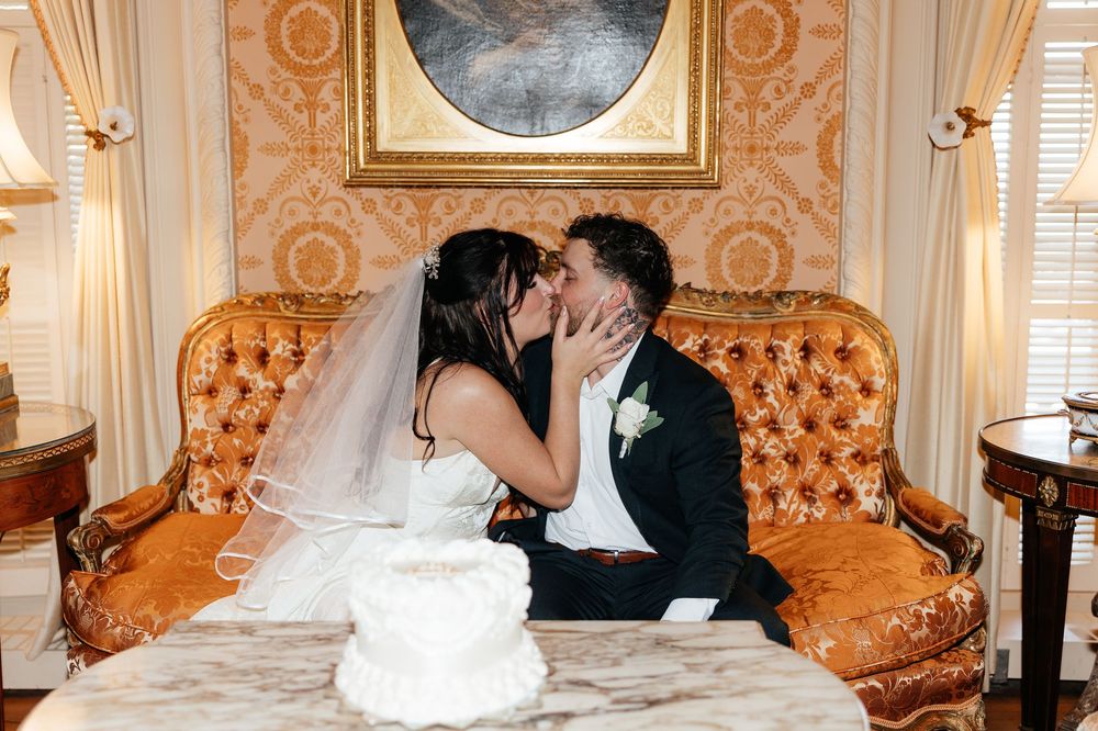 A romantic wedding photo sequence showing a couple sharing intimate moments on an elegant tufted sofa.